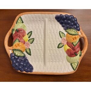 VTG Ceramic Divided Serving‎ Tray Fruit Grapes Oranges Basketweave Handles 1994